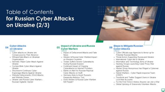 Table Of Contents For Russian Cyber Attacks On Ukraineteam Mockup PDF