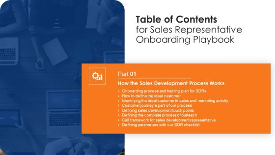 Table Of Contents For Sales Representative Onboarding Playbook Plan Icons PDF