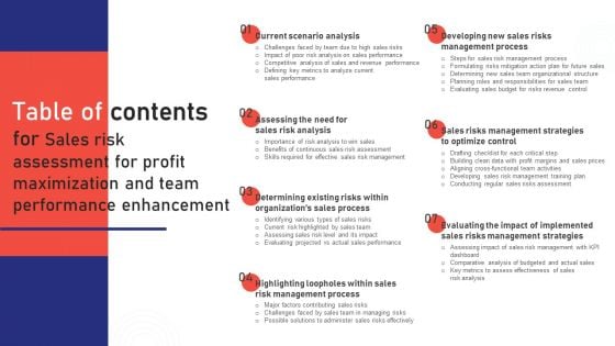 Table Of Contents For Sales Risk Assessment For Profit Maximization And Team Performance Enhancement Portrait PDF Table Of Contents For Sales Risk Assessment For Profit Maximization And Team Performance Enhancement Portrait PDF