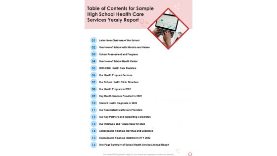 Table Of Contents For Sample High School Health Care Services Yearly Report One Pager Documents Table Of Contents For Sample High School Health Care Services Yearly Report One Pager Documents