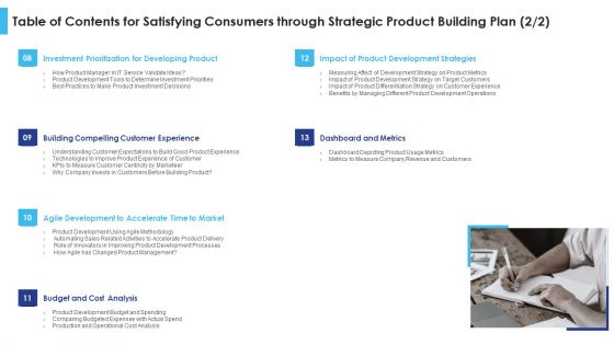 Table Of Contents For Satisfying Consumers Through Strategic Product Building Plan Infographics PDF