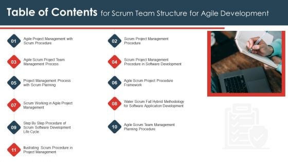 Table Of Contents For Scrum Team Structure For Agile Development Clipart PDF