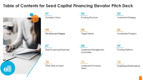 Table Of Contents For Seed Capital Financing Elevator Pitch Deck Background PDF Table Of Contents For Seed Capital Financing Elevator Pitch Deck Background PDF