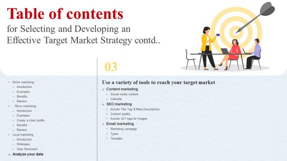 Table Of Contents For Selecting And Developing An Effective Target Market Strategy Mockup PDF