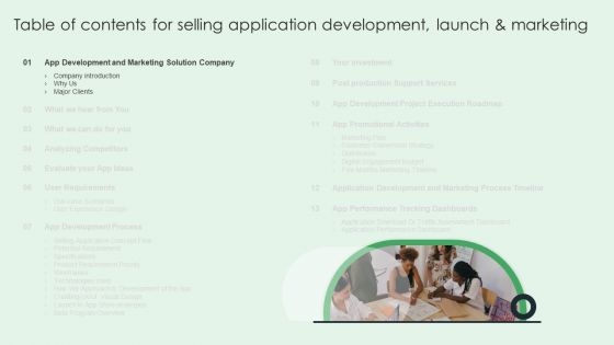 Table Of Contents For Selling Application Development Launch And Marketing Major Structure PDF