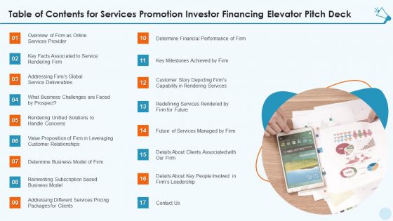 Table Of Contents For Services Promotion Investor Financing Elevator Pitch Deck Sample PDF