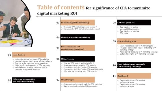 Table Of Contents For Significance Of CPA To Maximize Digital Marketing ROI Themes PDF Table Of Contents For Significance Of CPA To Maximize Digital Marketing ROI Themes PDF