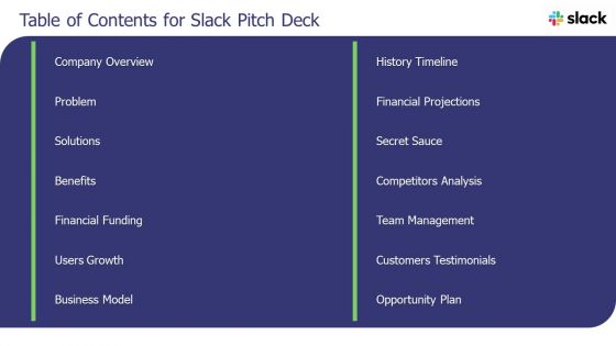 Table Of Contents For Slack Pitch Deck Ppt Summary Diagrams PDF Table Of Contents For Slack Pitch Deck Ppt Summary Diagrams PDF
