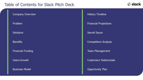 Table Of Contents For Slack Pitch Deck Ppt Summary Diagrams PDF