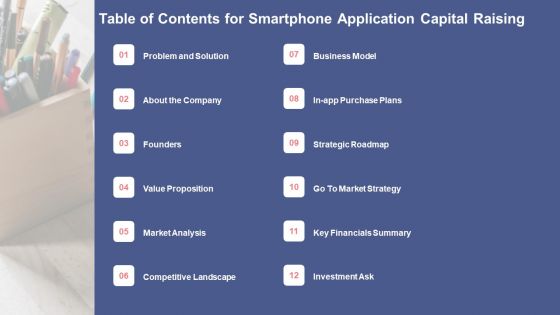 Table Of Contents For Smartphone Application Capital Raising Ppt Model Display PDF