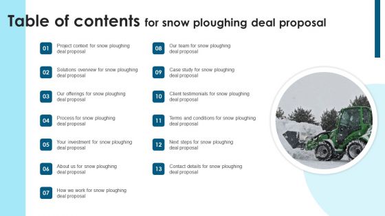 Table Of Contents For Snow Ploughing Deal Proposal Ppt Show Samples PDF