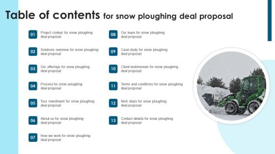 Table Of Contents For Snow Ploughing Deal Proposal Ppt Show Samples PDF Table Of Contents For Snow Ploughing Deal Proposal Ppt Show Samples PDF