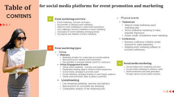 Table Of Contents For Social Media Platforms For Event Promotion And Marketing Background PDF
