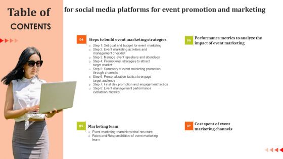 Table Of Contents For Social Media Platforms For Event Promotion And Marketing Background PDF