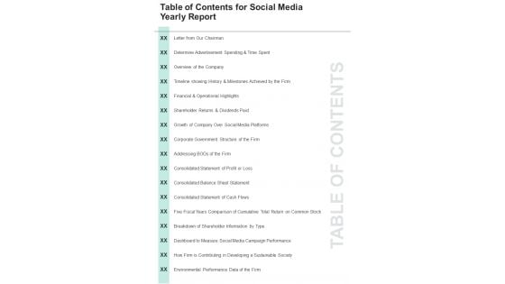 Table Of Contents For Social Media Yearly Report One Pager Documents Table Of Contents For Social Media Yearly Report One Pager Documents