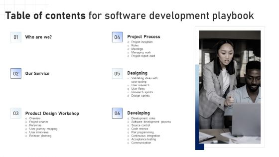 Table Of Contents For Software Development Playbook Demonstration PDF