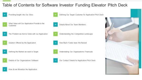 Table Of Contents For Software Investor Funding Elevator Pitch Deck Team Brochure PDF