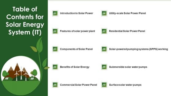 Table Of Contents For Solar Energy System IT Themes PDF