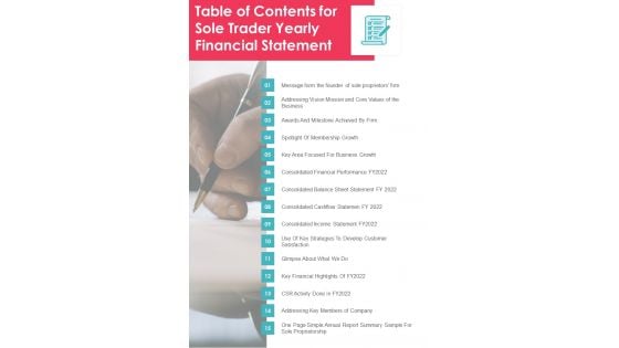 Table Of Contents For Sole Trader Yearly Financial Statement One Pager Documents