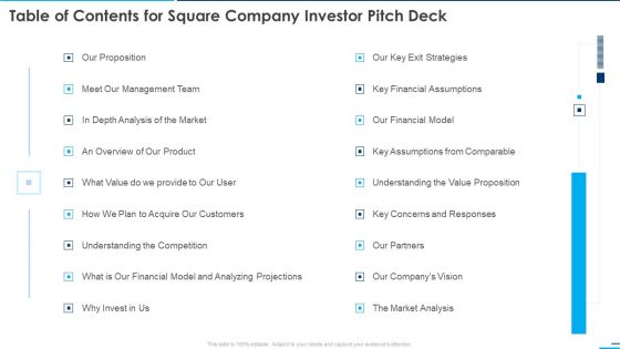 Table Of Contents For Square Company Investor Pitch Deck Ppt Outline Graphic Images PDF