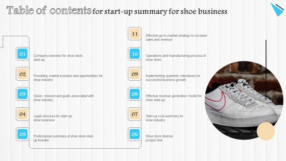 Table Of Contents For Start Up Summary For Shoe Business Diagrams PDF