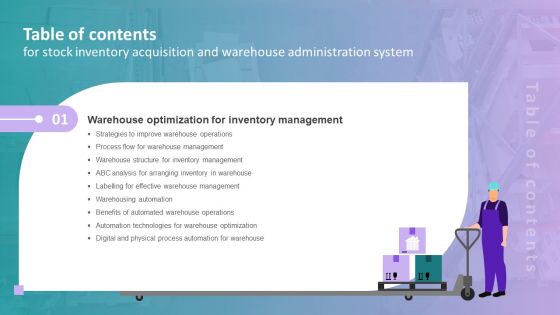 Table Of Contents For Stock Inventory Acquisition And Warehouse Administration System Pictures PDF Table Of Contents For Stock Inventory Acquisition And Warehouse Administration System Pictures PDF