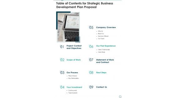 Table Of Contents For Strategic Business Development Plan Proposal One Pager Sample Example Document