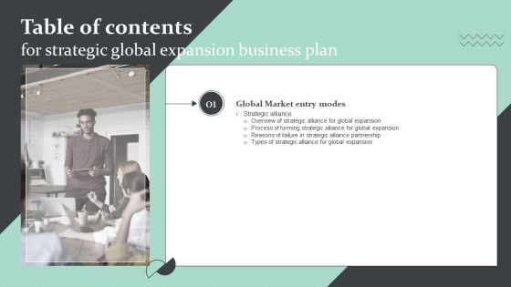 Table Of Contents For Strategic Global Expansion Business Plan Process Sample PDF