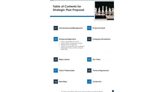 Table Of Contents For Strategic Plan Proposal One Pager Sample Example Document