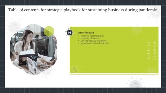 Table Of Contents For Strategic Playbook For Sustaining Business During Pandemic Equipment Infographics PDF