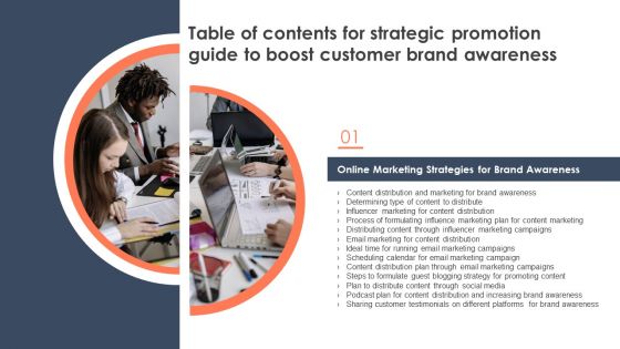 Table Of Contents For Strategic Promotion Guide To Boost Customer Brand Awareness Email Information PDF