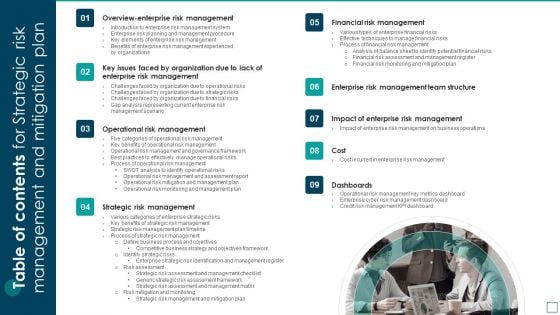 Table Of Contents For Strategic Risk Management And Mitigation Plan Formats PDF