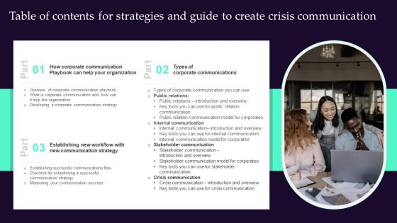 Table Of Contents For Strategies And Guide To Create Crisis Communication Elements PDF