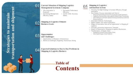 Table Of Contents For Strategies To Maintain Transportation And Shipment Ppt Infographic Template Sample PDF