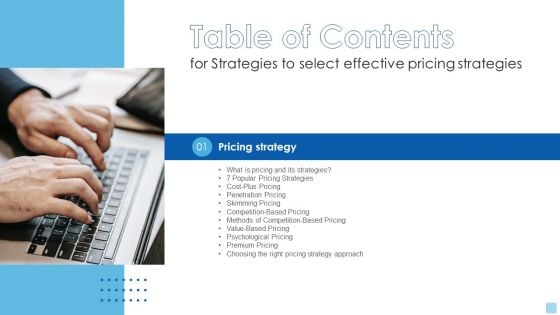 Table Of Contents For Strategies To Select Effective Pricing Strategies Topics PDF