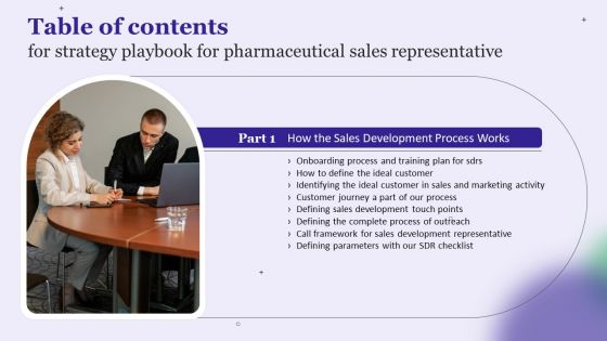 Table Of Contents For Strategy Playbook For Pharmaceutical Sales Representative Process Sample PDF