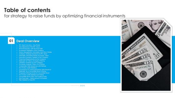 Table Of Contents For Strategy To Raise Funds By Optimizing Financial Instruments Diagrams PDF