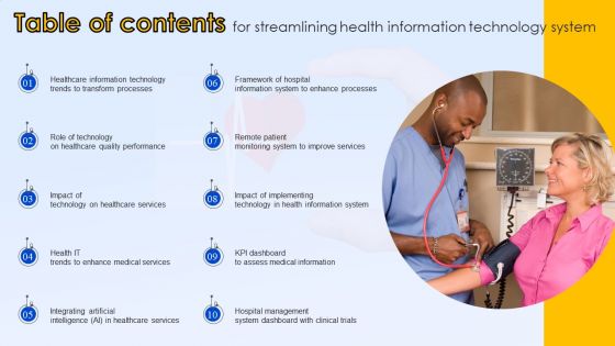 Table Of Contents For Streamlining Health Information Technology System Formats PDF