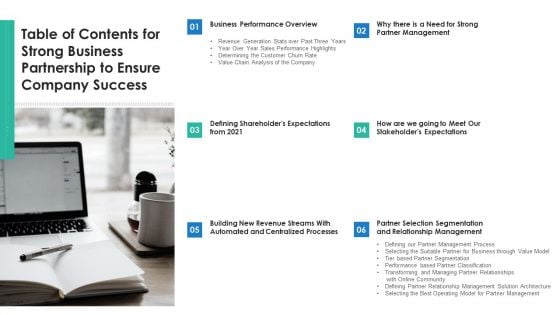 Table Of Contents For Strong Business Partnership To Ensure Company Success Background PDF Table Of Contents For Strong Business Partnership To Ensure Company Success Background PDF