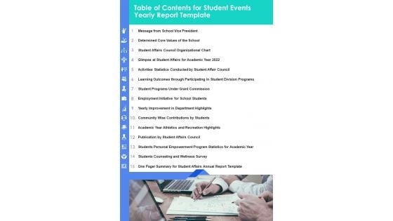 Table Of Contents For Student Events Yearly Report Template One Pager Documents Table Of Contents For Student Events Yearly Report Template One Pager Documents