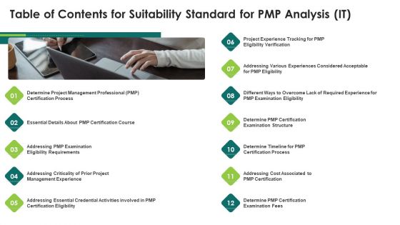 Table Of Contents For Suitability Standard For Pmp Analysis It Infographics PDF