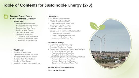 Table Of Contents For Sustainable Energy Ppt PowerPoint Presentation Icon Deck PDF