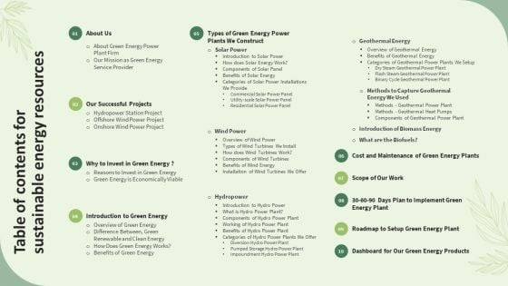 Table Of Contents For Sustainable Energy Resourcess Ppt PowerPoint Presentation File Slides PDF