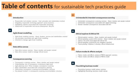 Table Of Contents For Sustainable Tech Practices Guide Ppt Slides Portrait PDF