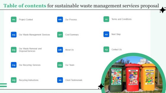 Table Of Contents For Sustainable Waste Management Services Proposal Graphics PDF Table Of Contents For Sustainable Waste Management Services Proposal Graphics PDF