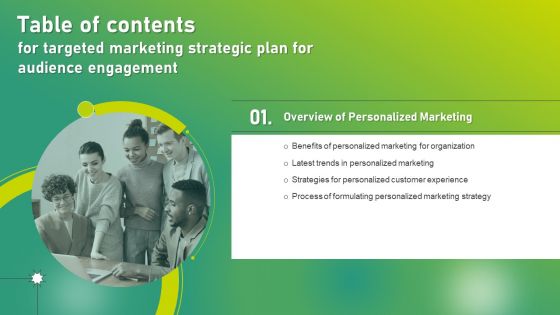 Table Of Contents For Targeted Marketing Strategic Plan For Audience Engagement Process Brochure PDF