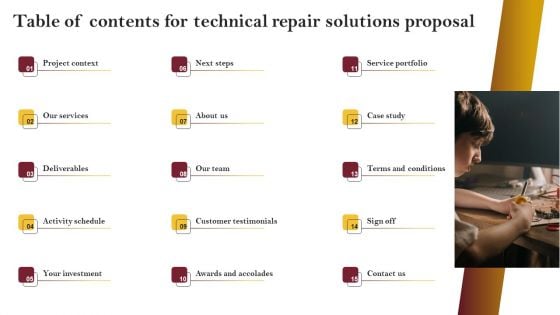 Table Of Contents For Technical Repair Solutions Proposal Graphics PDF