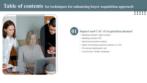 Table Of Contents For Techniques For Enhancing Buyer Acquisition Approach Slide Sample PDF