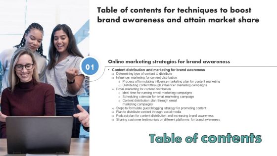 Table Of Contents For Techniques To Boost Brand Awareness And Attain Market Share Portrait PDF