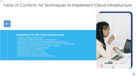 Table Of Contents For Techniques To Implement Cloud Infrastructure Slide Slides PDF